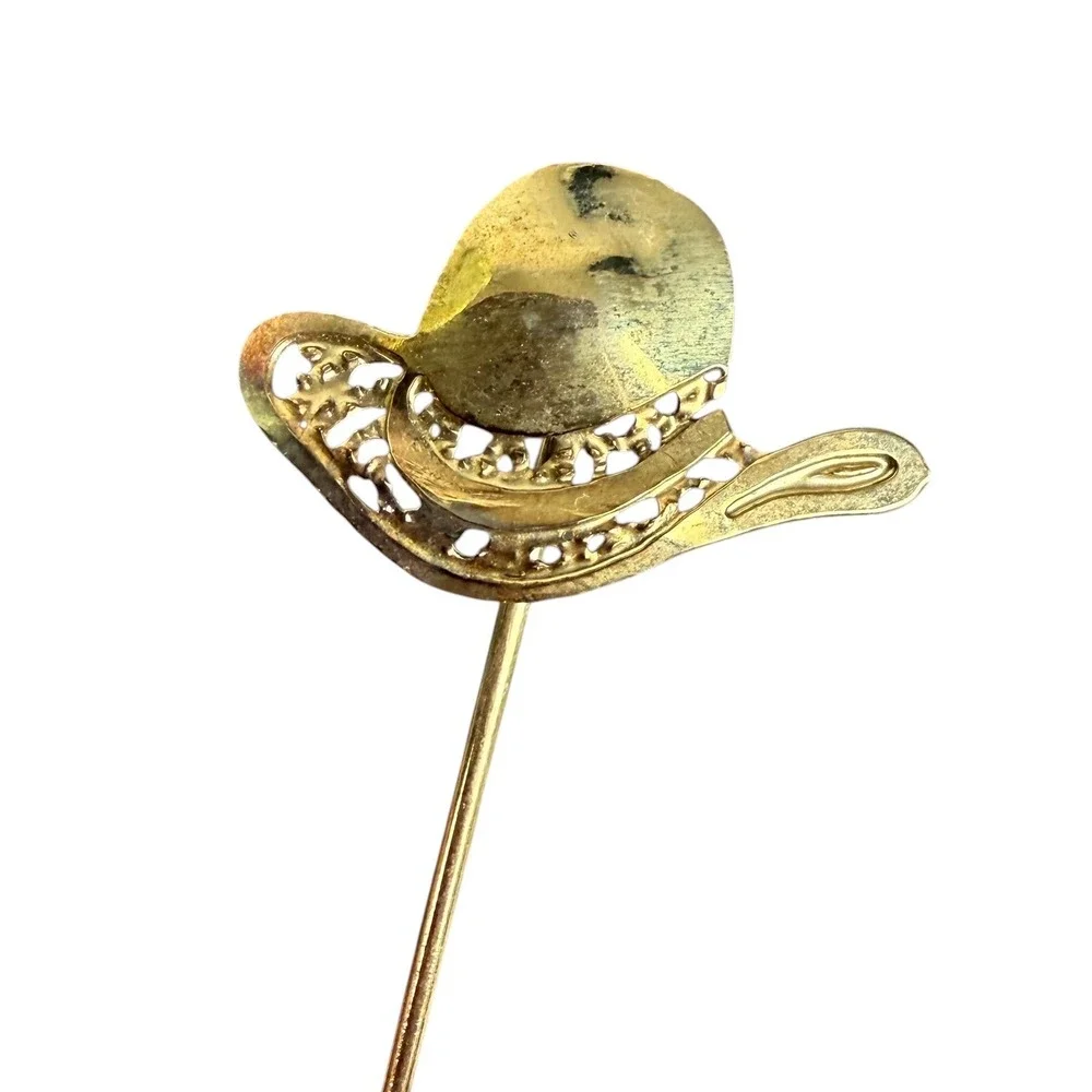 Vintage Gold Tone Cowgirl Hat Stick Pin‎ Filigree Western Sun Hat Jewelry 2.75